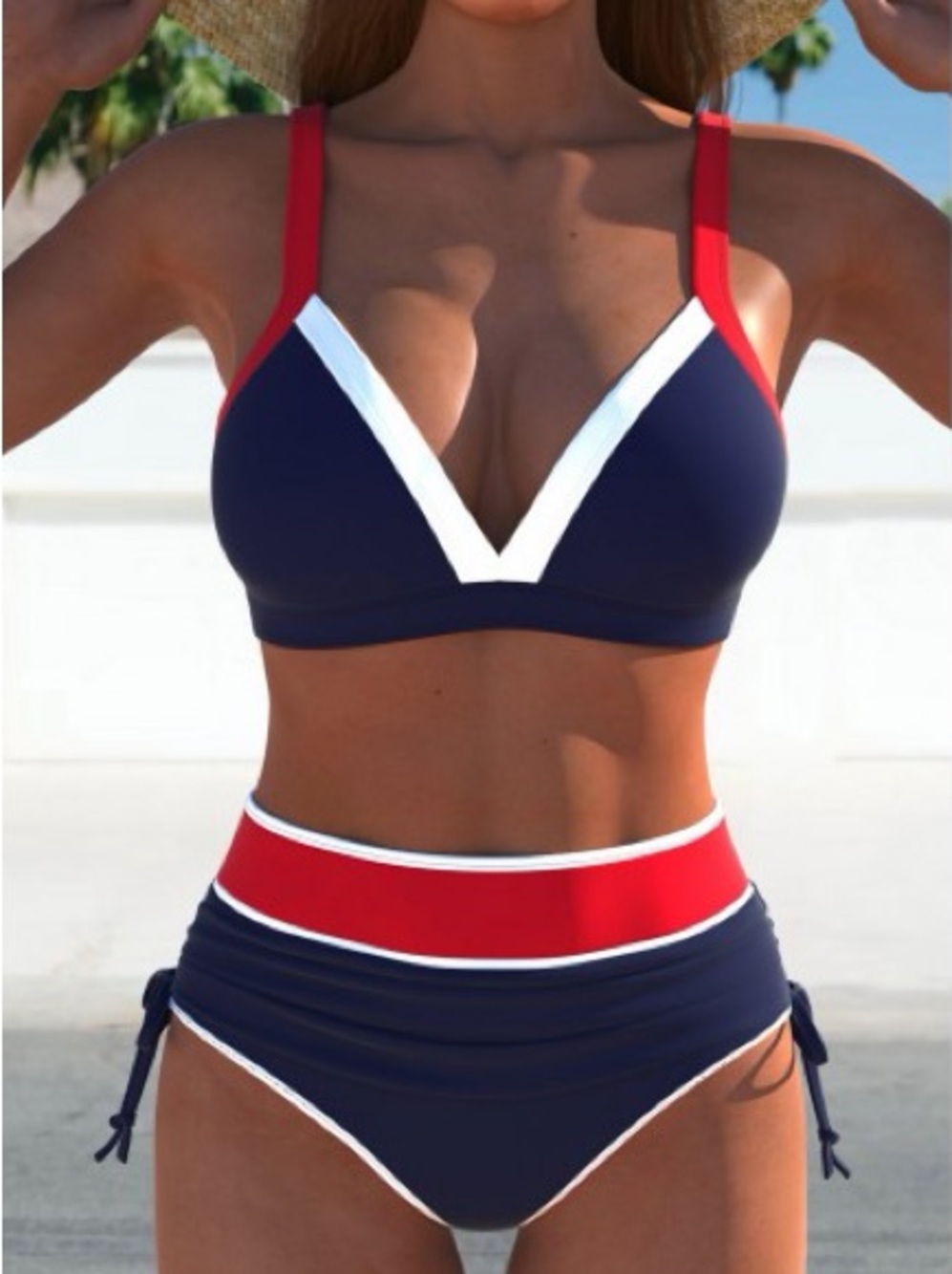 Rosewe Navy & Red Colorblock High-Waist Bikini - Women's Swim